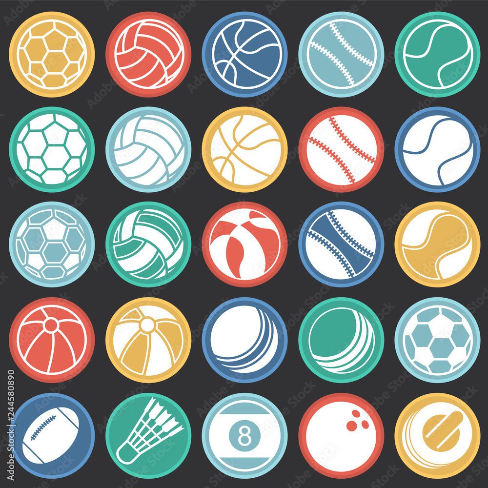 Sport ball icons set on color circles black background for graphic and web design, Modern simple vector sign. Internet concept. Trendy symbol for website design web button or mobile app
