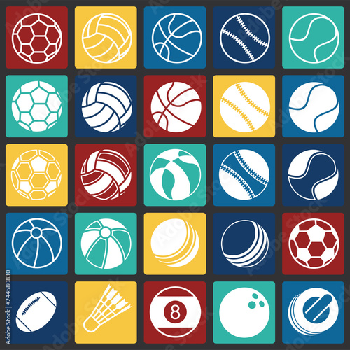 Sport ball icons set on color squares background for graphic and web design, Modern simple vector sign. Internet concept. Trendy symbol for website design web button or mobile app