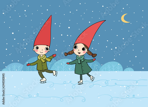  ute cartoon gnomes. Christmas elves. Vector illustration. ice-skate. - Vector