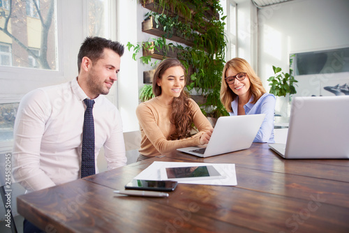 Group of business people using laptop while working in the office photo