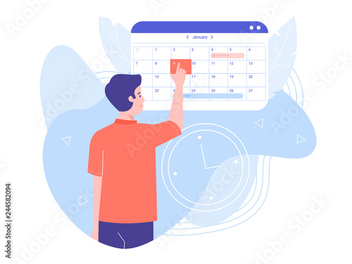 A man makes an appointment with an online doctor. On the calendar selects the desired date. Colorful trend vector illustration. photo
