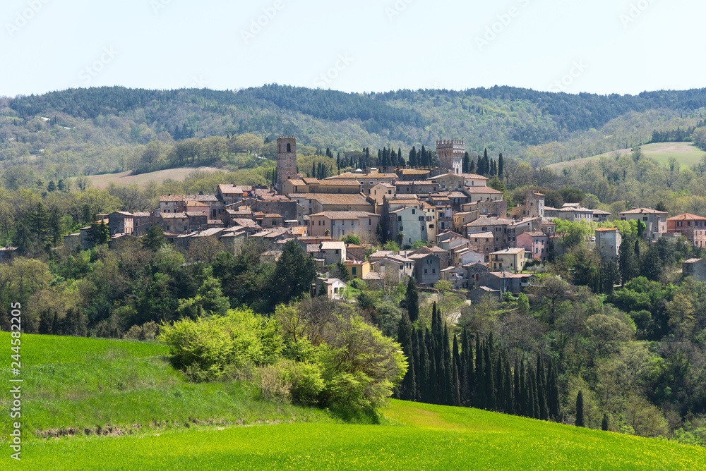 San Casciano dei Bagni, one of the most beautiful villages of Italy. Beautiful areal landscape of a small rural village on the hill, Tuscany, Italy.