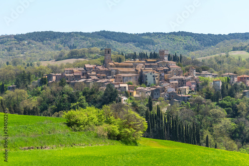 San Casciano dei Bagni, one of the most beautiful villages of Italy. Beautiful areal landscape of a small rural village on the hill, Tuscany, Italy.