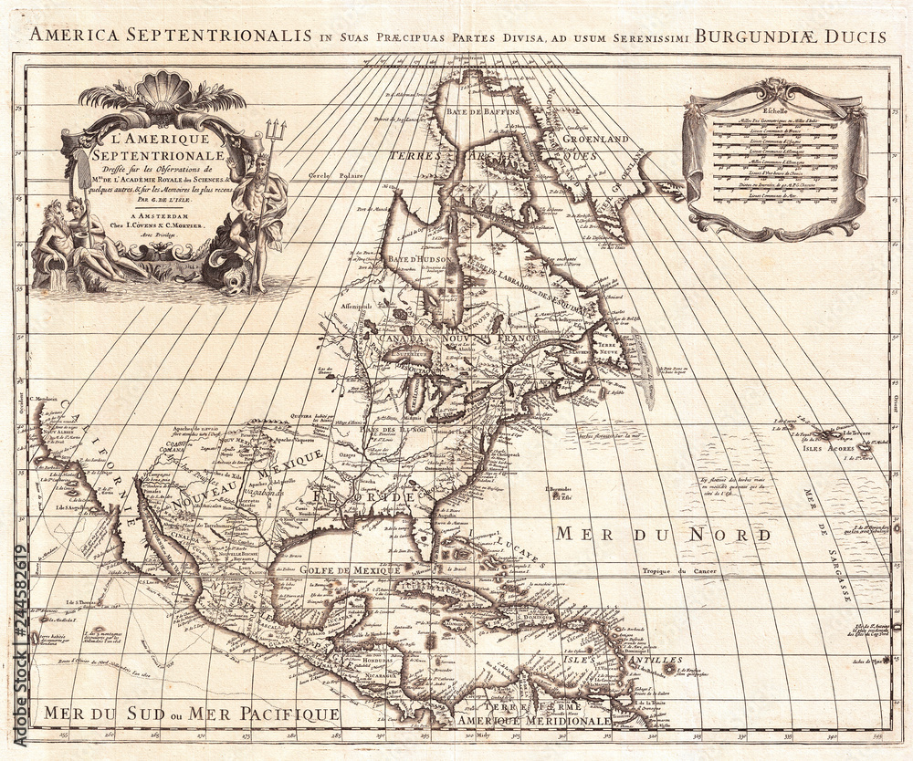 Naklejka premium 1708, De L'Isle Map of North America, Covens and Mortier ed.