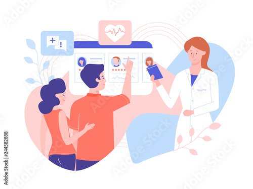 Young family chooses a therapist. Planning for pregnancy, treatment of diseases, maintaining health. Vector illustration with bright characters. For sites, catalogs and presentations.