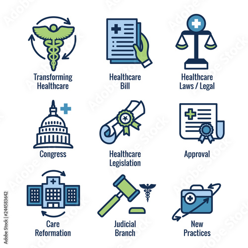 Health Laws and Legal icon set depicting various aspects of the legal system