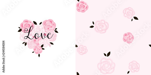 Typographic print with love lettering on heart shaped rose bouquet. Rose floral seamless pattern. Pink colour. Perfect for baby girl fabric, textile, apparel, pyjamas, t-shirt print, Valentines Day
