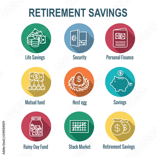 Retirement Account and Savings Icon Set w Mutual Fund, Roth IRA, etc