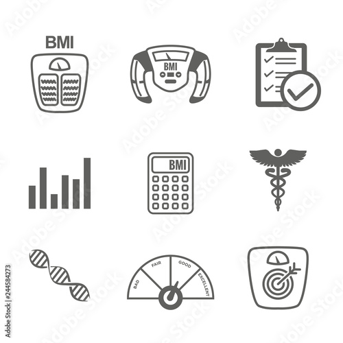 BMI / Body Mass Index Icons w scale, indicator, & calculator