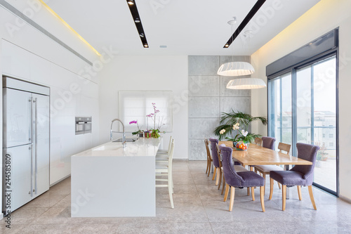 Modern Design Luxury Kitchen With Marble Island And Dinner Table