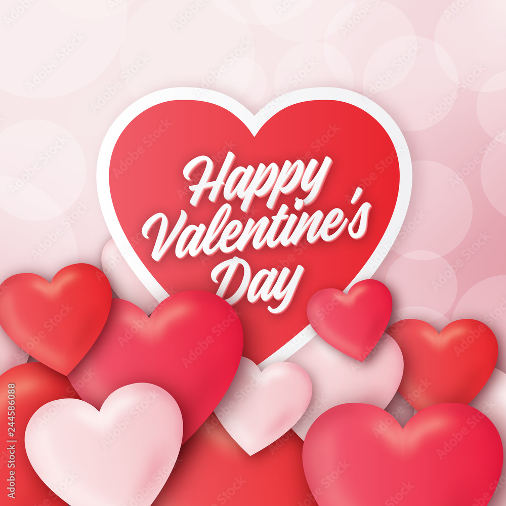 Valentine's day greeting design with realistic 3D colorful Red and white romantic hearts background