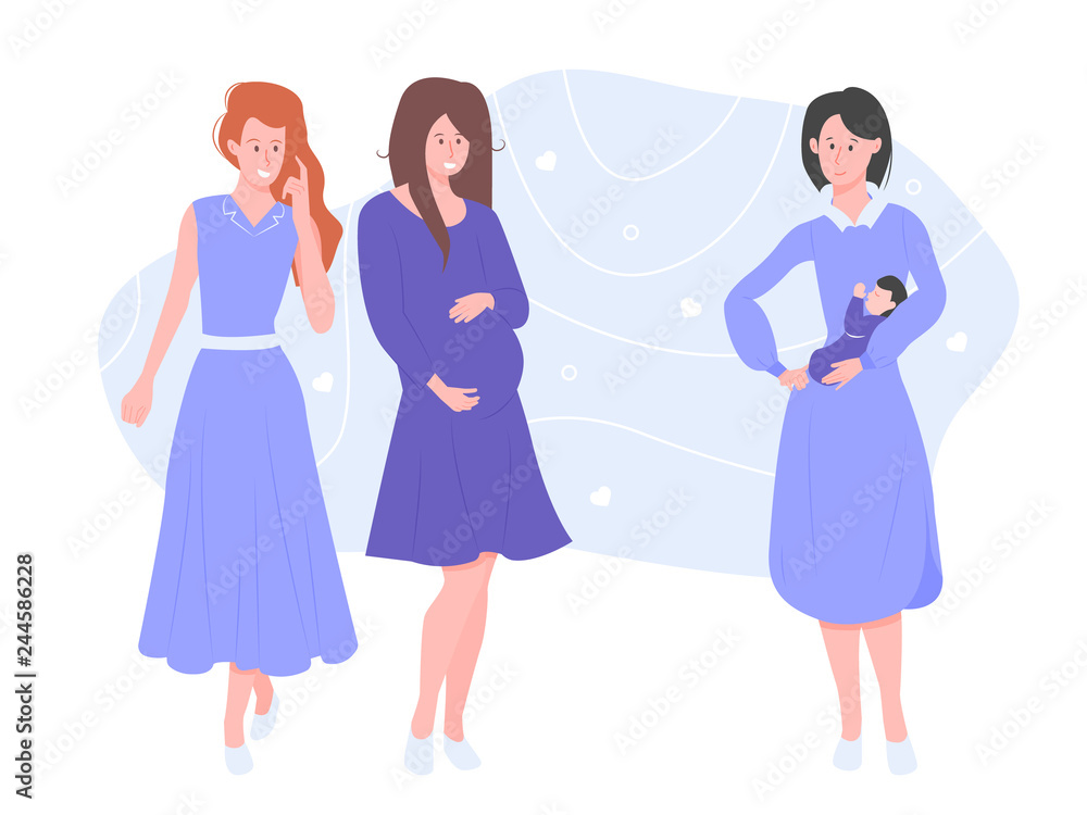 Group of girls friends. Three ladies. Pregnant, with a baby and preparing to become a mother. Community moms, mutual aid and support. Characters on a gentle blue background.