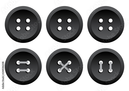 Black round clothing buttons with thread. Vector illustration