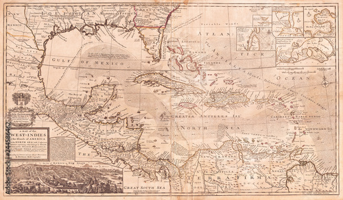 Fototapeta Naklejka Na Ścianę i Meble -  1732, Herman Moll Map of the West Indies, Florida, Mexico, and the Caribbean