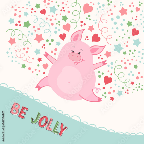 Vector illustration with jolly piglet, confetti, stars and hearts. Cartoon style vector illustration. Great for covers, cards, banners, envelopes, stickers, flyers.