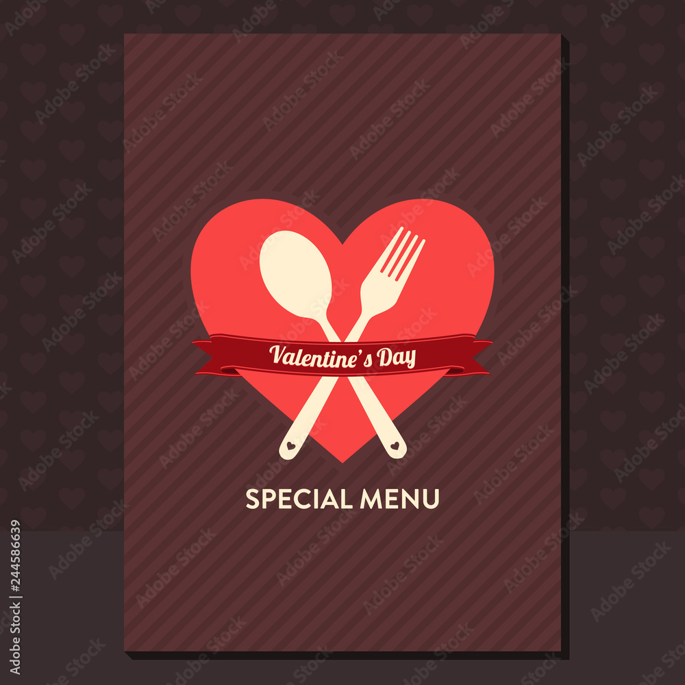Valentine's day special menu design with heart shape, spoon, fork and ribbon - vintage style flat design