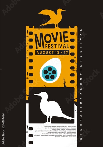 Movie poster festival creative idea with film strip and birds graphics. Art vector for entertainment industry. Cinema flyer.