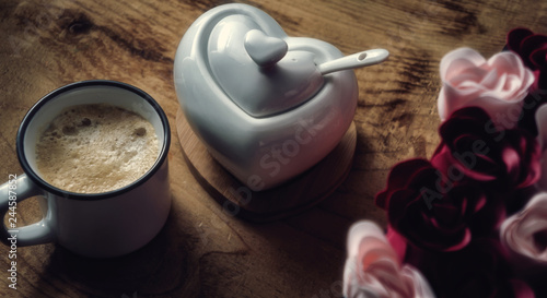 Romantic coffee cup roses surprise morning rpses photo