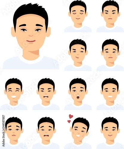 Set of isolated different facial emotions young asian man in colorful flat style. Collection of various expressions chinese avatar guy smile, happy, angry, sad, funny