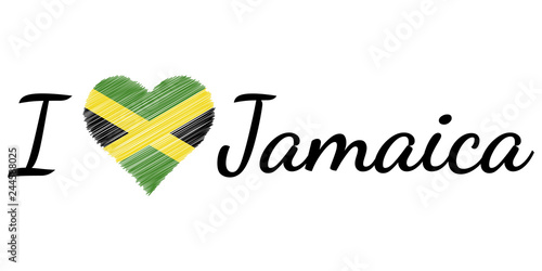 I love country Jamaica text heart Doodle, vector calligraphic text, I love Jamaica flag heart patriot jm