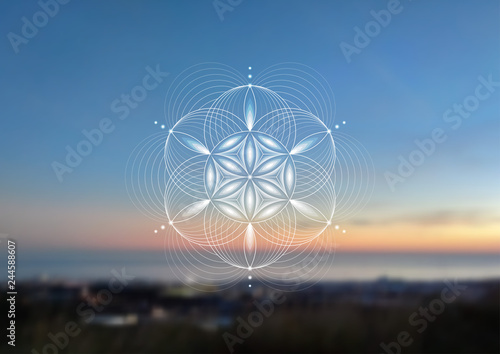 Vector template; Spiritual sacred geometry; Abstract geometric shape based on ancient symbol - "flower of life" on psychedelic natural photographic background; Yoga, meditation and relax.
