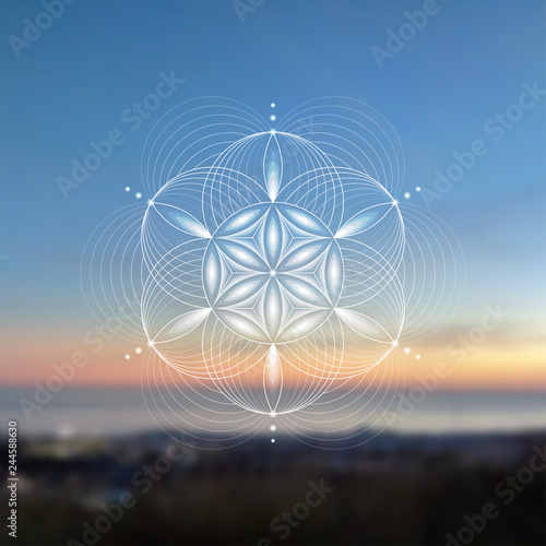 Vector template; Spiritual sacred geometry; Abstract geometric shape based on ancient symbol - "flower of life" on psychedelic natural photographic background; Yoga, meditation and relax.