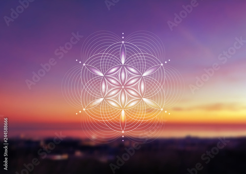 Vector template; Spiritual sacred geometry; Abstract geometric shape based on ancient symbol - "flower of life" on psychedelic natural photographic background; Yoga, meditation and relax.