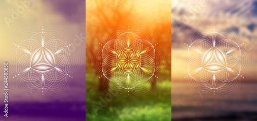 Set of vector templates of cards or poster; Spiritual sacred geometry; Abstract geometric shapes based on ancient symbol - "flower of life" on photographic background; Yoga, meditation and relax.