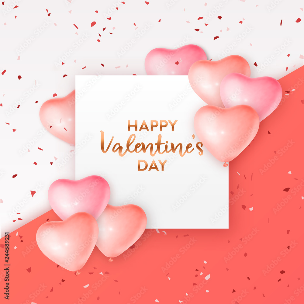 Valentine's day card design with heart balloons and confetti on coral and white background