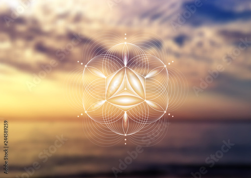 Vector template; Spiritual sacred geometry; Abstract geometric shape based on ancient symbol - "flower of life" on psychedelic natural photographic background; Yoga, meditation and relax.