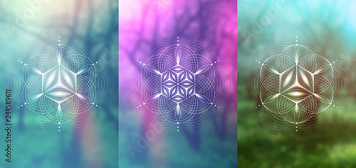 Set of vector templates of cards or poster; Spiritual sacred geometry; Abstract geometric shapes based on ancient symbol - "flower of life" on photographic background; Yoga, meditation and relax.