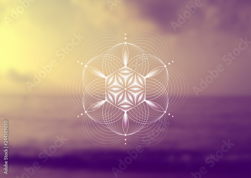 Vector template; Spiritual sacred geometry; Abstract geometric shape based on ancient symbol - "flower of life" on psychedelic natural photographic background; Yoga, meditation and relax.