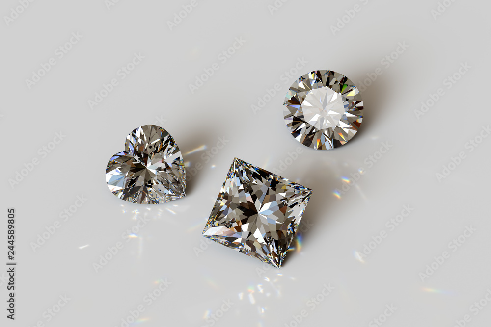 Round brilliant, heart, princess cut diamonds on white background Round brilliant, heart, princess cut diamonds on white background