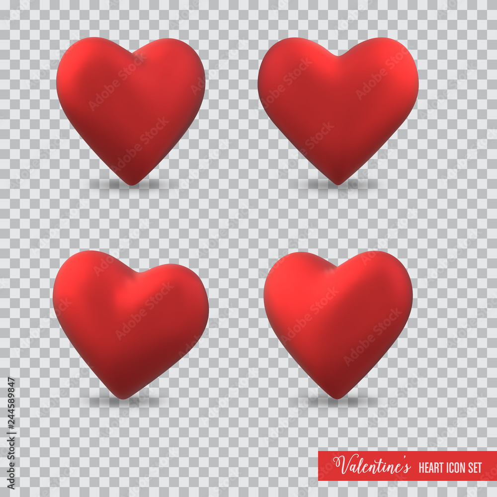 3D heart icon set for Valentine's day on transparent background