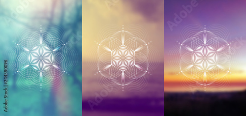 Set of vector templates of cards or poster; Spiritual sacred geometry; Abstract geometric shapes based on ancient symbol - "flower of life" on photographic background; Yoga, meditation and relax.