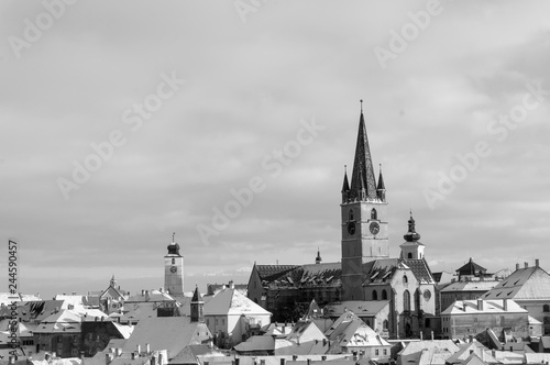 Black & White panoramic view of Sibiu historic center in Transylvania, Romania with The Lutheran Cathedral of Saint Mary. City also known as Hermannstadt