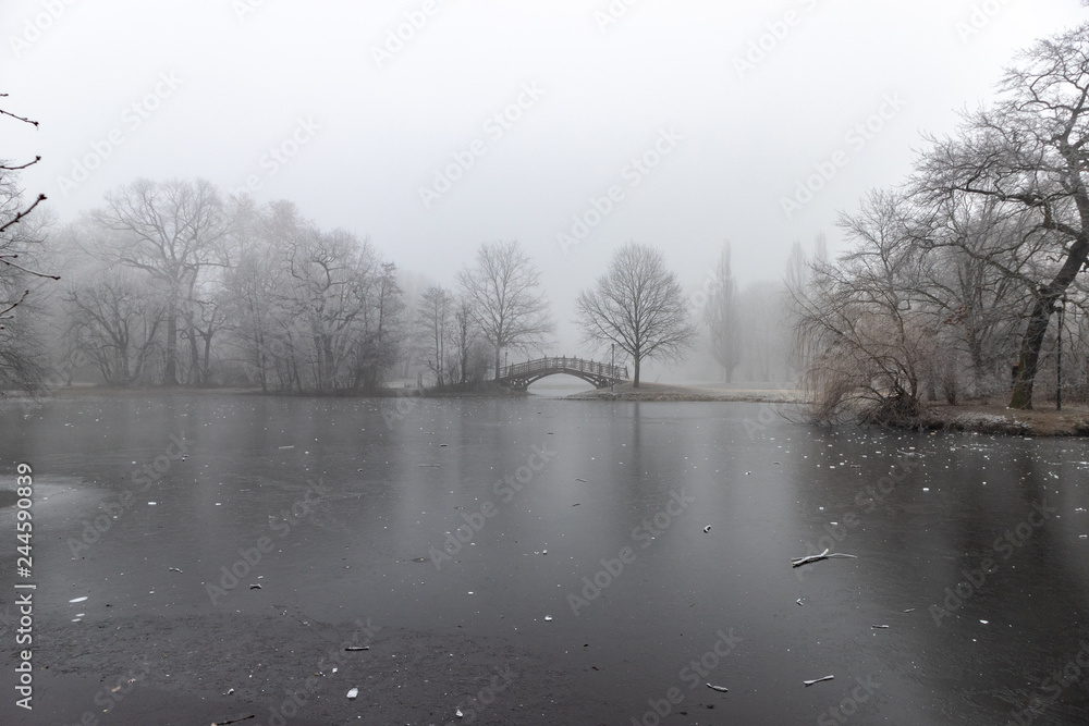 Zugefrorener Teich im Park mit Romantischen Brücken im Winter in Leipzig bei frostigen nebligen Wetter Zugefrorener Teich im Park mit Romantischen Brücken im Winter in Leipzig bei frostigen nebligen Wetter