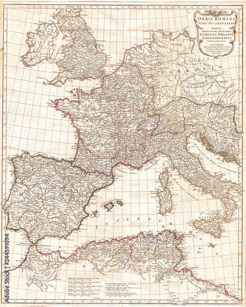 1763, Anville Map of the Western Roman Empire, including Italy
