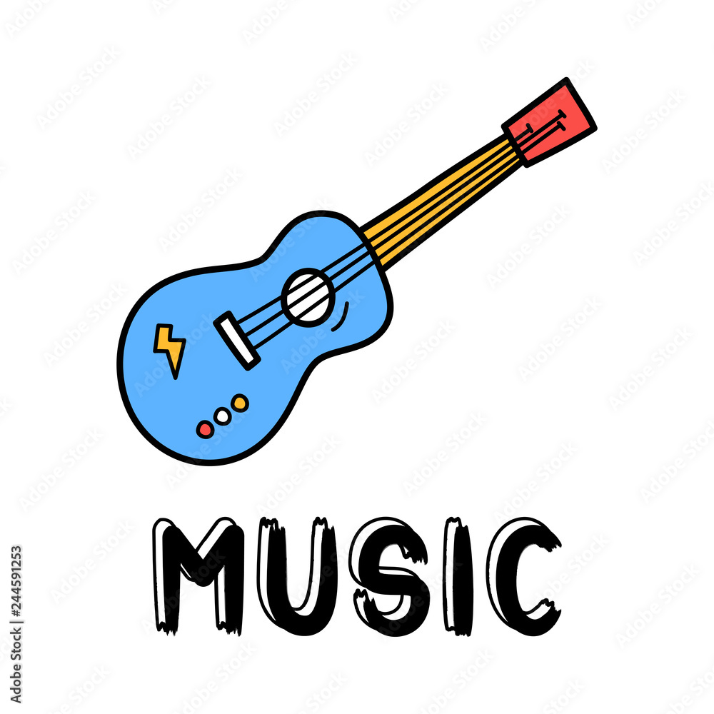 Hand draw guitar icon in doodle style for your design with lettering Hand draw guitar icon in doodle style for your design with lettering
