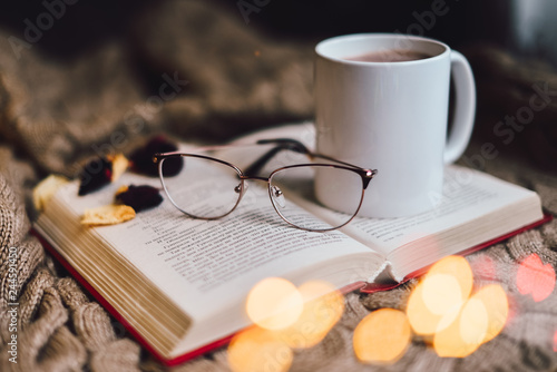 open book, lying on the plaid with a glasses and cup coffee