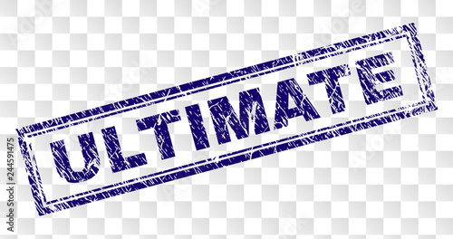 ULTIMATE stamp seal print with rubber print style and double framed rectangle shape. Stamp is placed on a transparent background. Blue vector rubber print of ULTIMATE label with unclean texture.