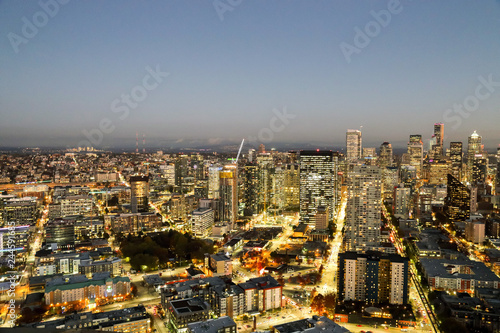 A View Over Elliott bay and Seattle Inter Urban Downtown City Skyline Buildings Waterfront from Space needle