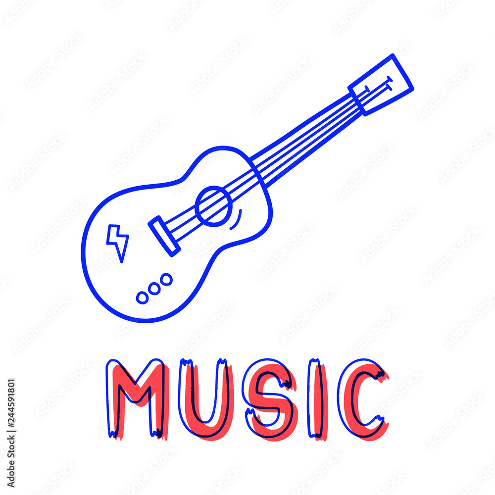 Hand draw guitar icon in doodle style for your design with lettering Hand draw guitar icon in doodle style for your design with lettering