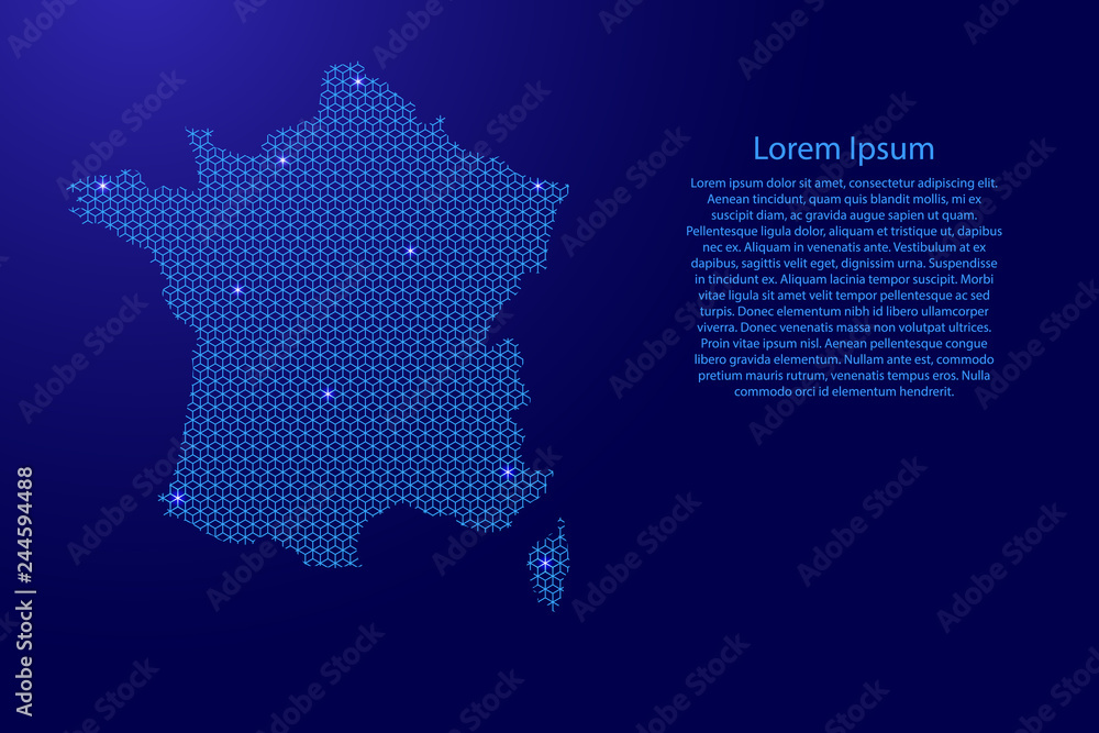 France map abstract schematic from blue lines repeating pattern geometric background with rhombus and nodes with space stars for banner, poster, greeting card. Vector illustration. France map abstract schematic from blue lines repeating pattern geometric background with rhombus and nodes with space stars for banner, poster, greeting card. Vector illustration.