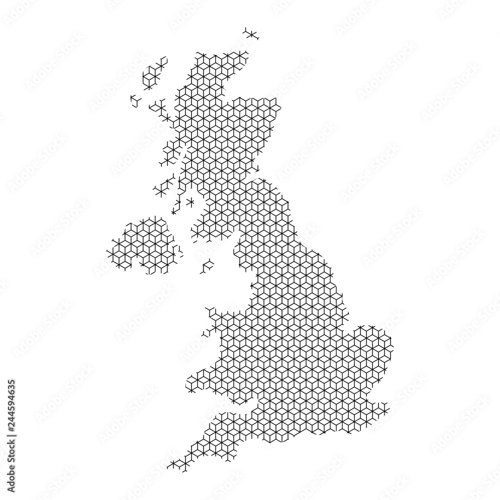 United Kingdom map Great Britain abstract schematic from black lines repeating pattern geometric background with rhombus and nodes from rhombuses. Vector illustration.