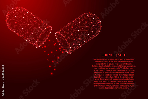 Pill tablet open capsule with the health pour fall medicines substance prebiotic probiotic from futuristic polygonal red lines and glowing stars for banner, poster, greeting card. Vector illustration.