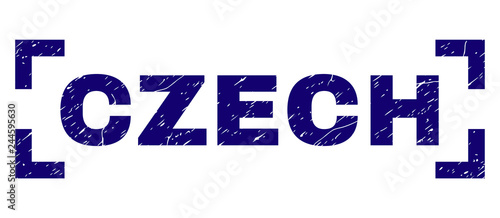 CZECH text seal print with corroded effect. Text label is placed inside corners. Blue vector rubber print of CZECH with unclean texture.