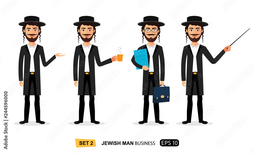 Jewish business men set enjoying cup coffee flat cartoon vector isolated