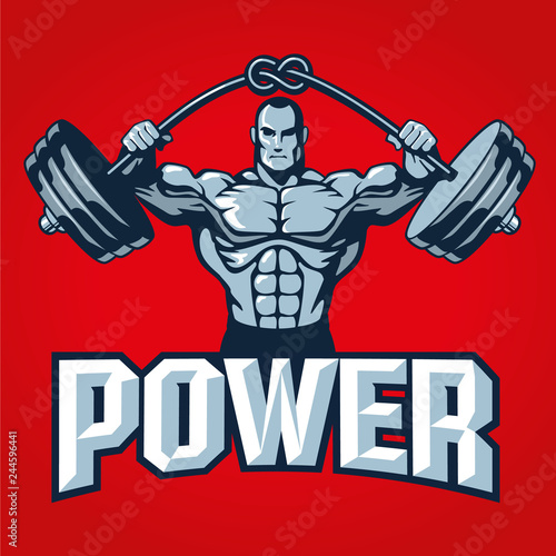 Muscle bodybuilder man lifting heavy barbell with knot. Gym logo template or t shirt print design. Vector illustration.