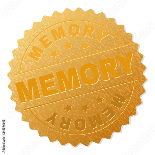 MEMORY gold stamp reward. Vector gold medal with MEMORY text. Text labels are placed between parallel lines and on circle. Golden skin has metallic effect.